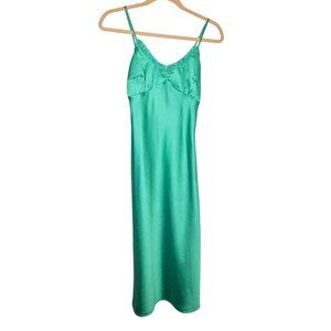 Japna XS Green Satin Slip Dress With Ruffled Details Side Slit Babydoll Side Zip